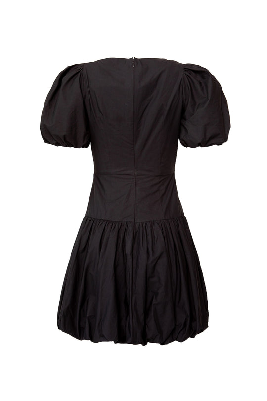 Black dress with puff sleeves on a white background
