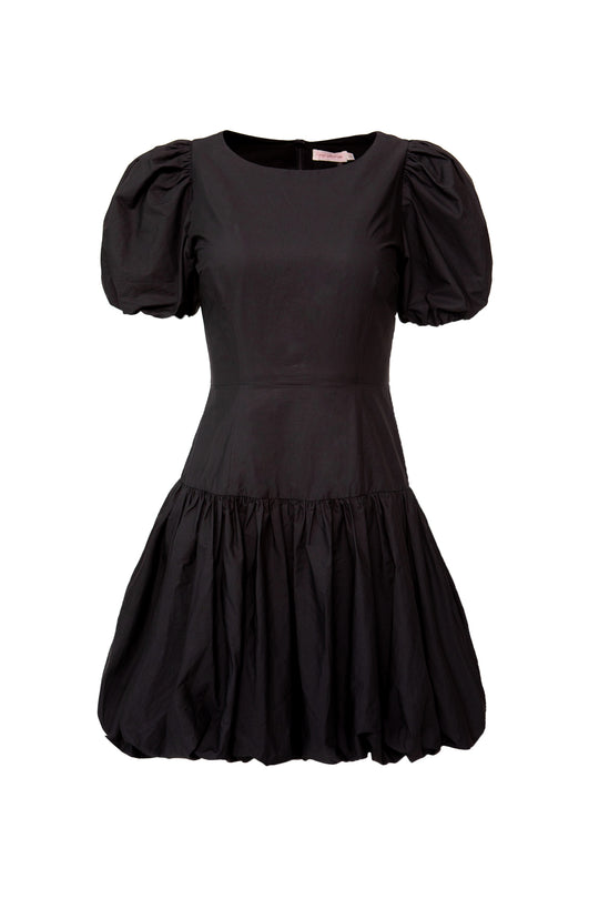 Black dress with puff sleeves on a white background