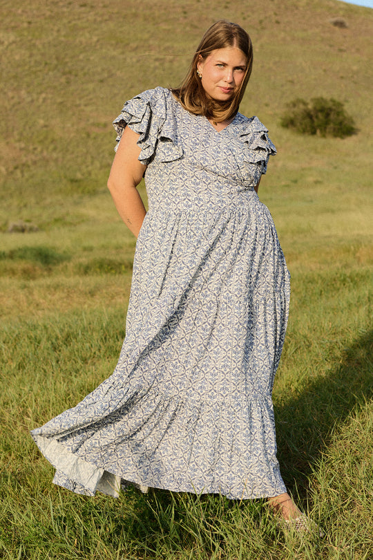 Trixie Dress in Blue Moroccan Tile 28W