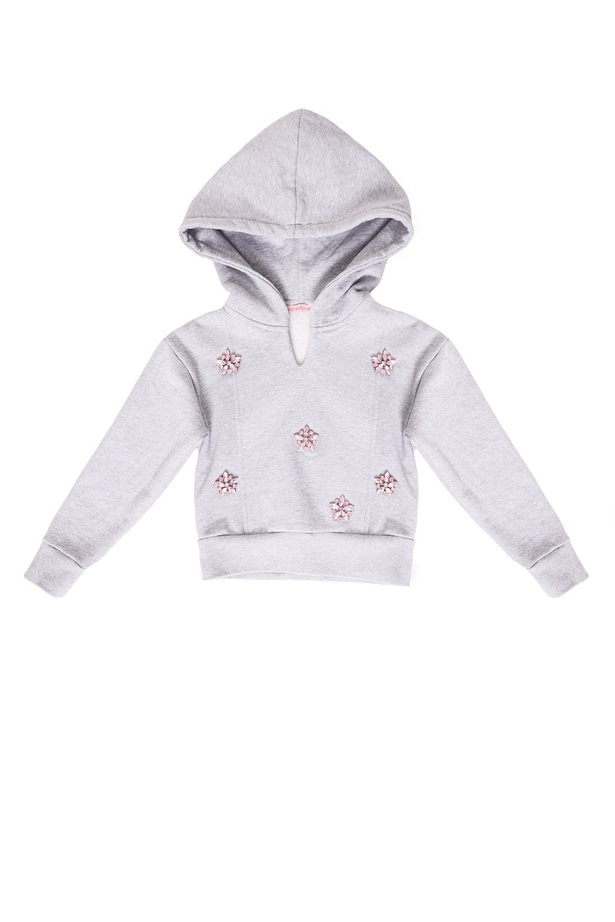 The Ivy City Co Mini Skylar Hoodie in Heather Gray features long sleeves and pink crystal flower details on the front, shown against a white background.