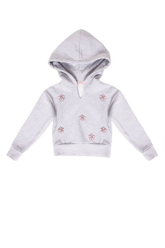 The Ivy City Co Mini Skylar Hoodie in Heather Gray features long sleeves and pink crystal flower details on the front, shown against a white background.
