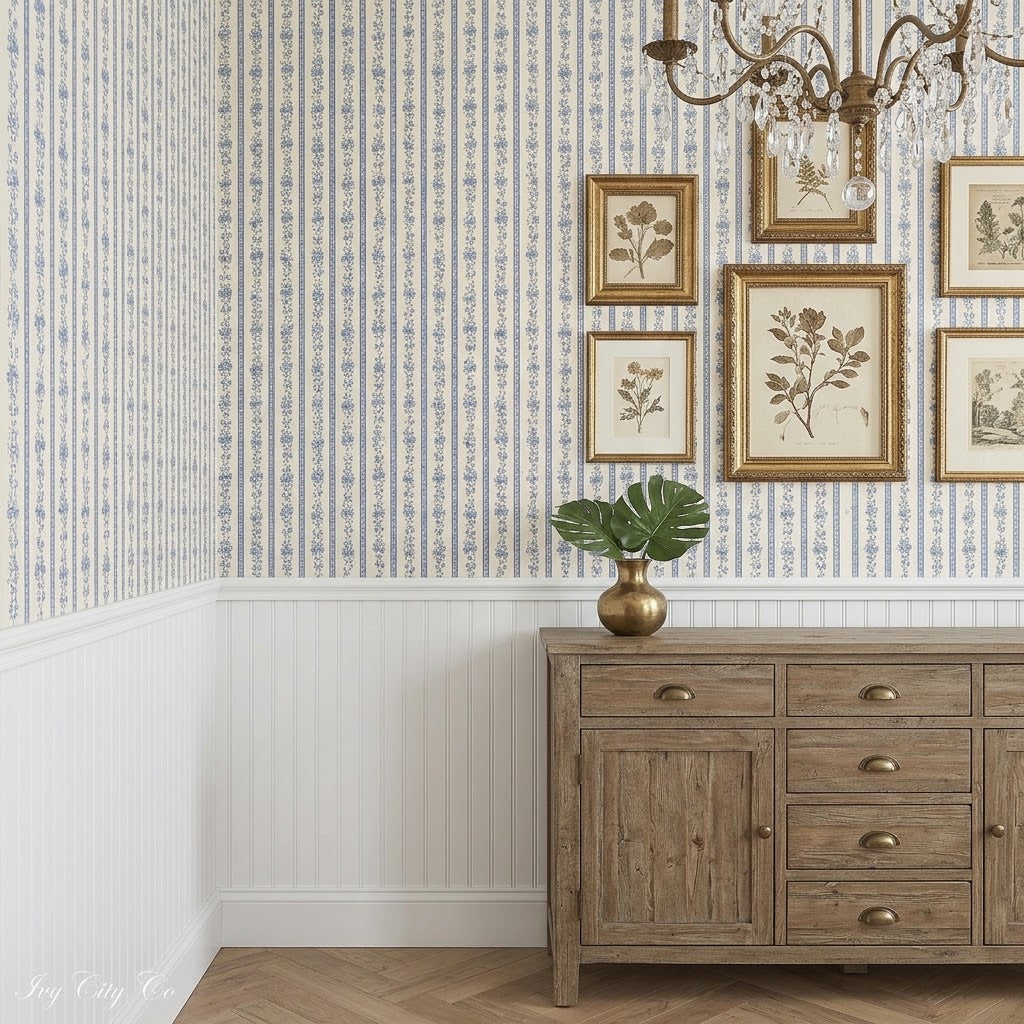 A wooden sideboard with brass handles sits beneath a gallery of framed botanical prints on a wall adorned with Loomwell Home Goods’ Felicity Floral Wallpaper, with a chandelier above and a vase filled with green leaves atop the sideboard.