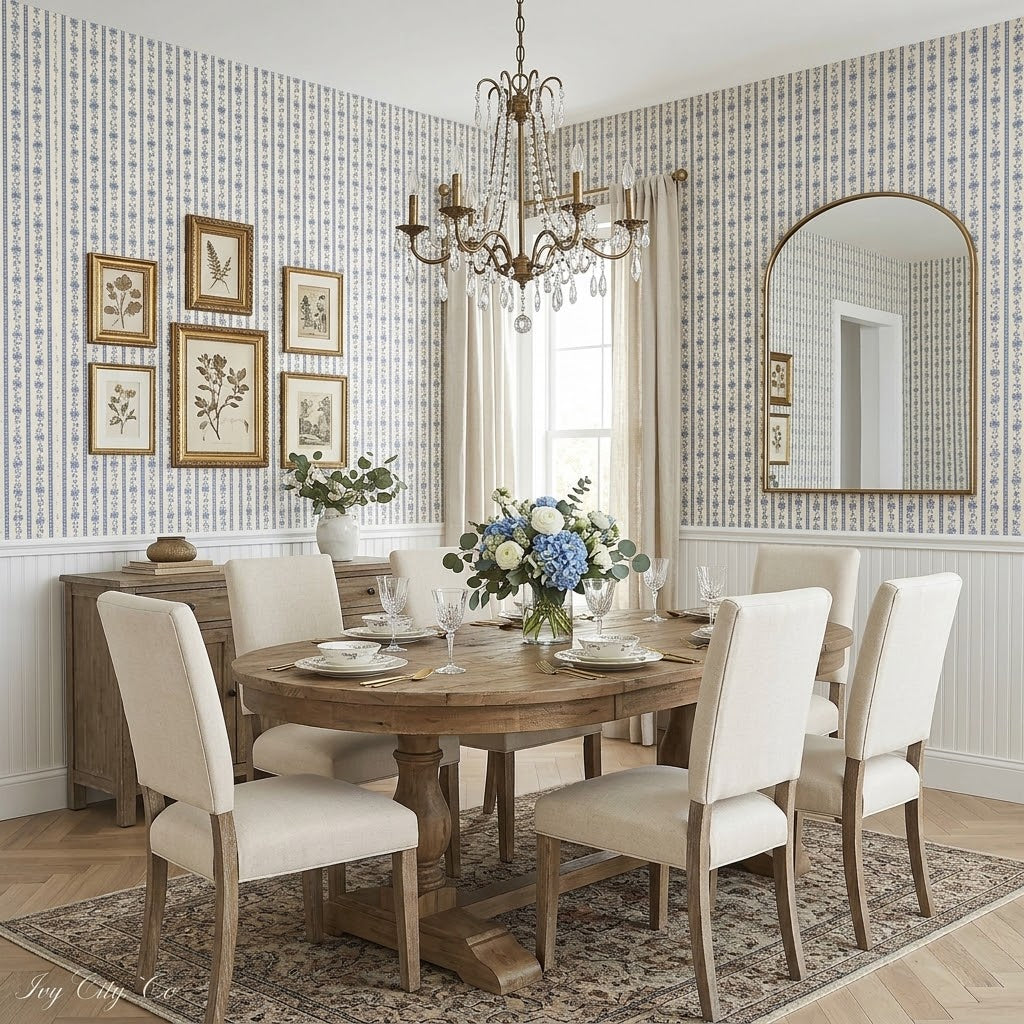 Elegant dining room with a round wooden table, six cream chairs, a floral centerpiece, wall art, a sideboard, a chandelier, a large mirror, and Felicity Floral Wallpaper by Loomwell Home Goods in blue. Sunlight streams through sheer curtains.