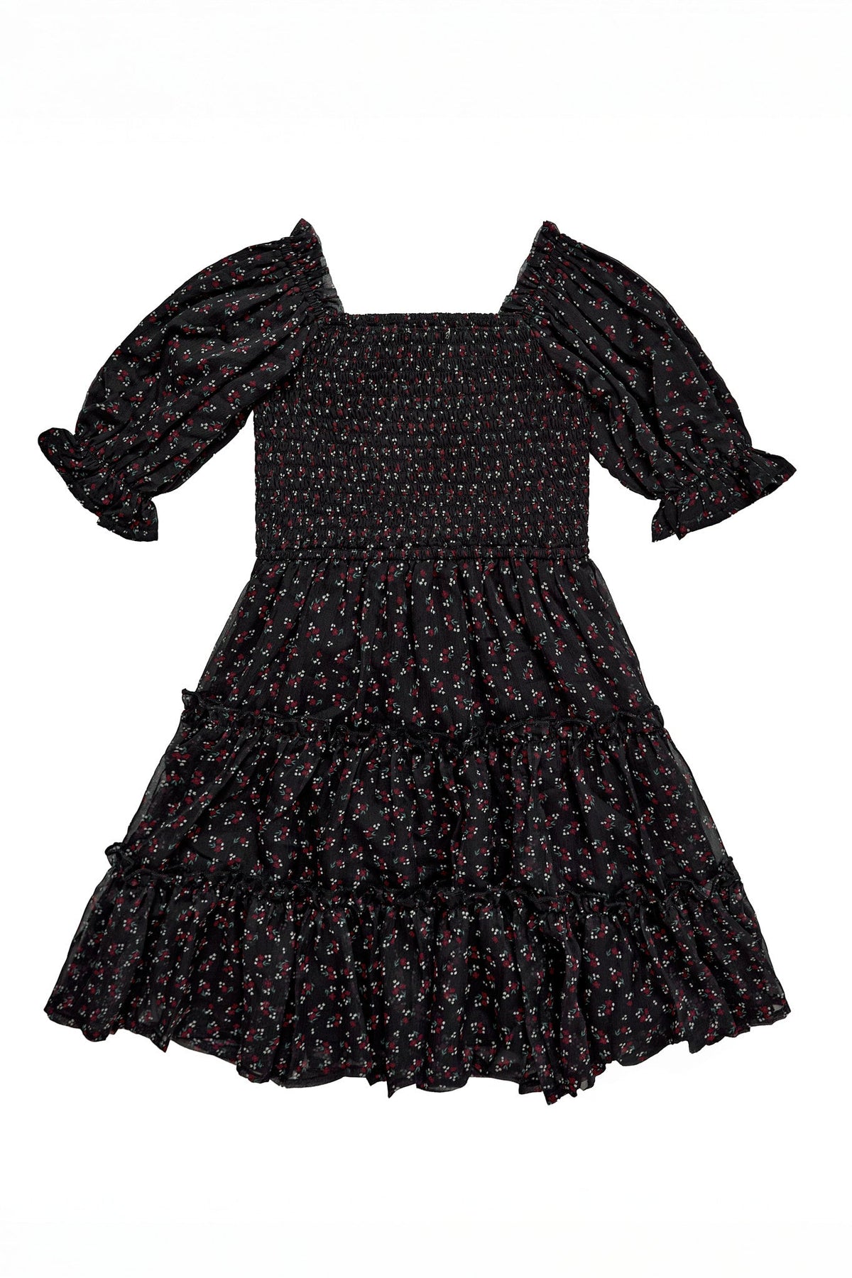 The Mini Madeline Dress in Black Ditsy Floral by Ivy City Co is a short-sleeved, black mini dress featuring a smocked bodice, puffed sleeves, and a tiered ruffle skirt. This charming dress is adorned with a small ditsy floral print in red and white.