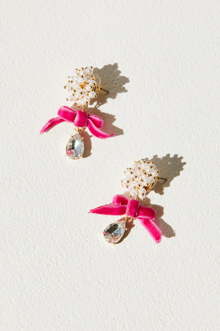 Velvet Bow and Pearl Drop Earrings in Pink