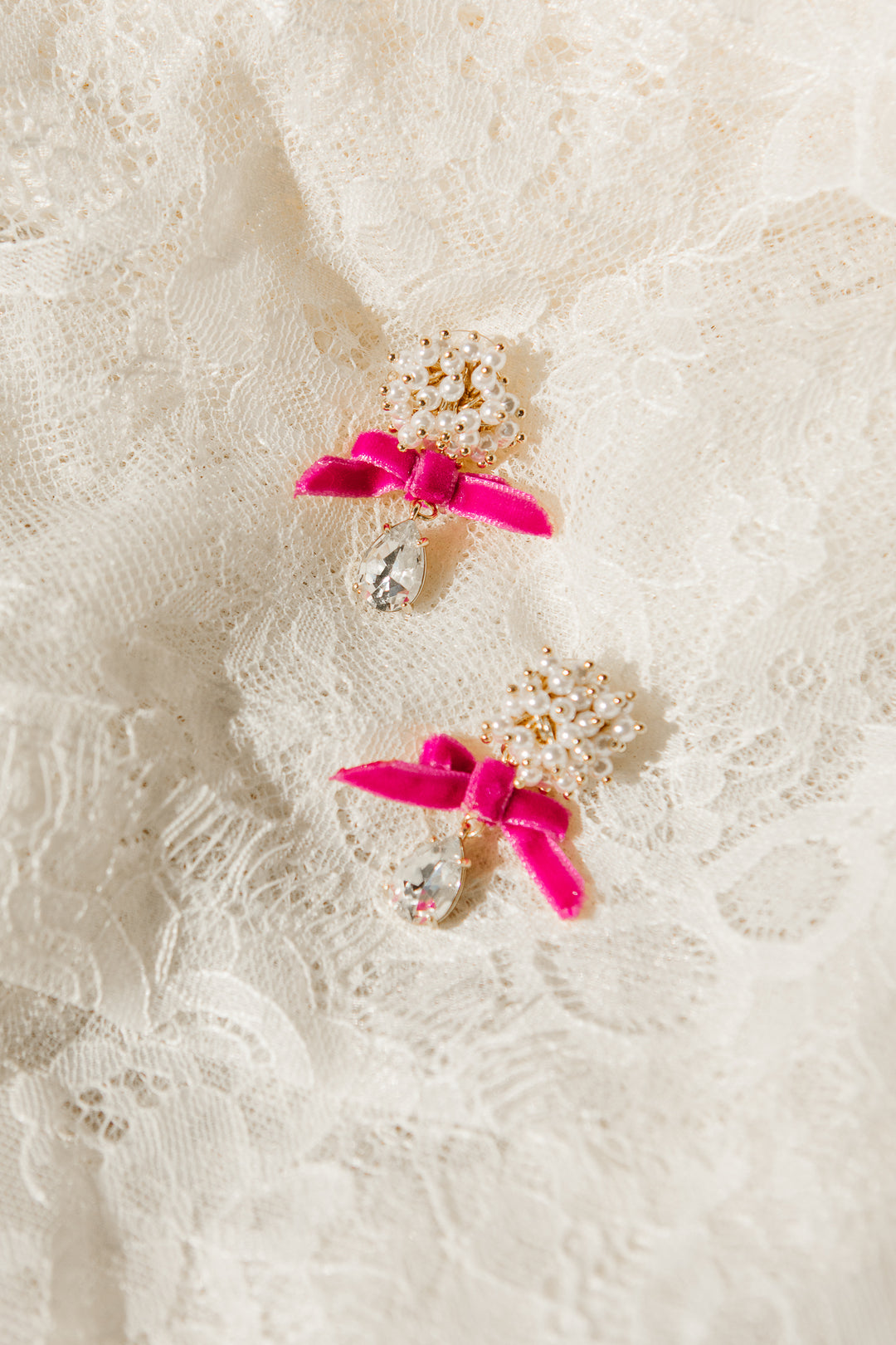 Velvet Bow and Pearl Drop Earrings in Pink