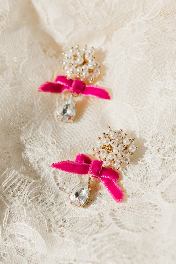 Velvet Bow and Pearl Drop Earrings in Pink