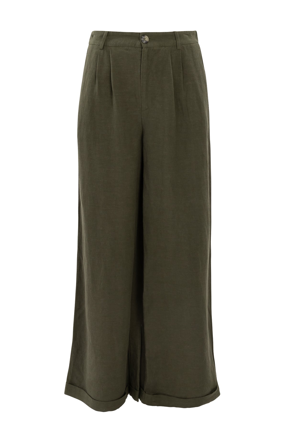 The Veronica Pants in Green by Ivy City Co feature a high waist, wide-leg cut, front pleats, side pockets, and button closure. These linen-blend trousers offer a relaxed, slightly cropped fit for effortless style.