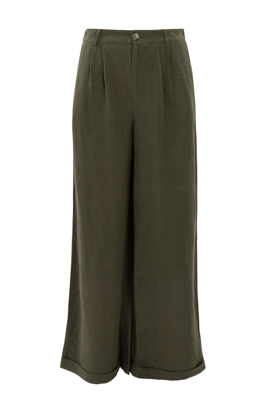 The Veronica Pants in Green by Ivy City Co feature a high waist, wide-leg cut, front pleats, side pockets, and button closure. These linen-blend trousers offer a relaxed, slightly cropped fit for effortless style.