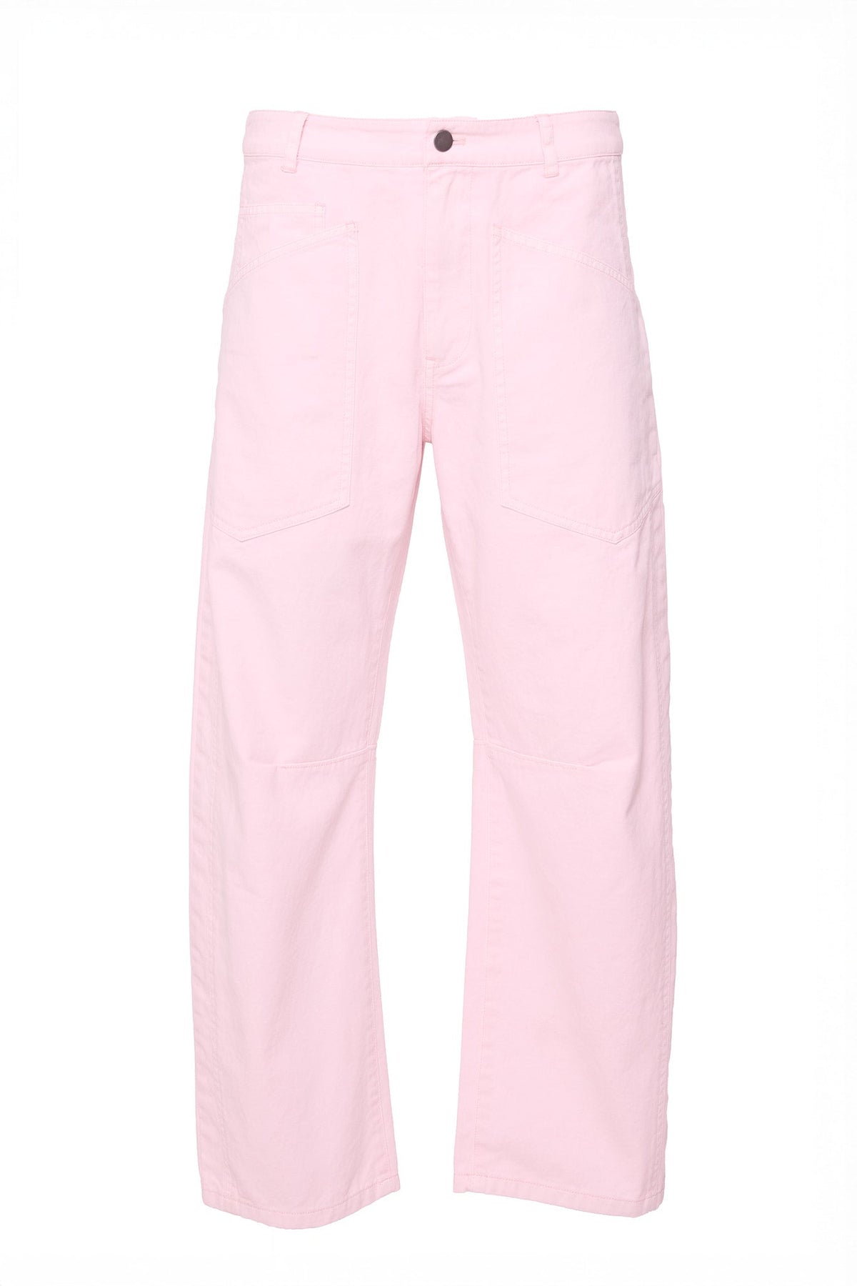 The Amanda Pants in Light Pink by Ivy City Co are high-waisted, straight leg jeans featuring front patch pockets, visible seams, and a button closure at the waistband, displayed on a white background.