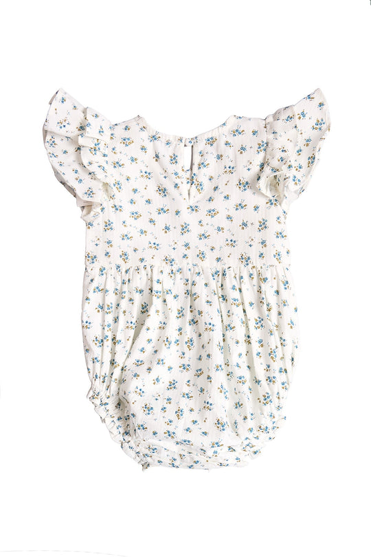 The Baby Hattie Romper in Madeline Blue by Ivy City Co features short ruffled sleeves and a delicate blue floral pattern, crafted from soft cotton for comfort—perfect as a special occasion baby outfit, shown on a plain white background.