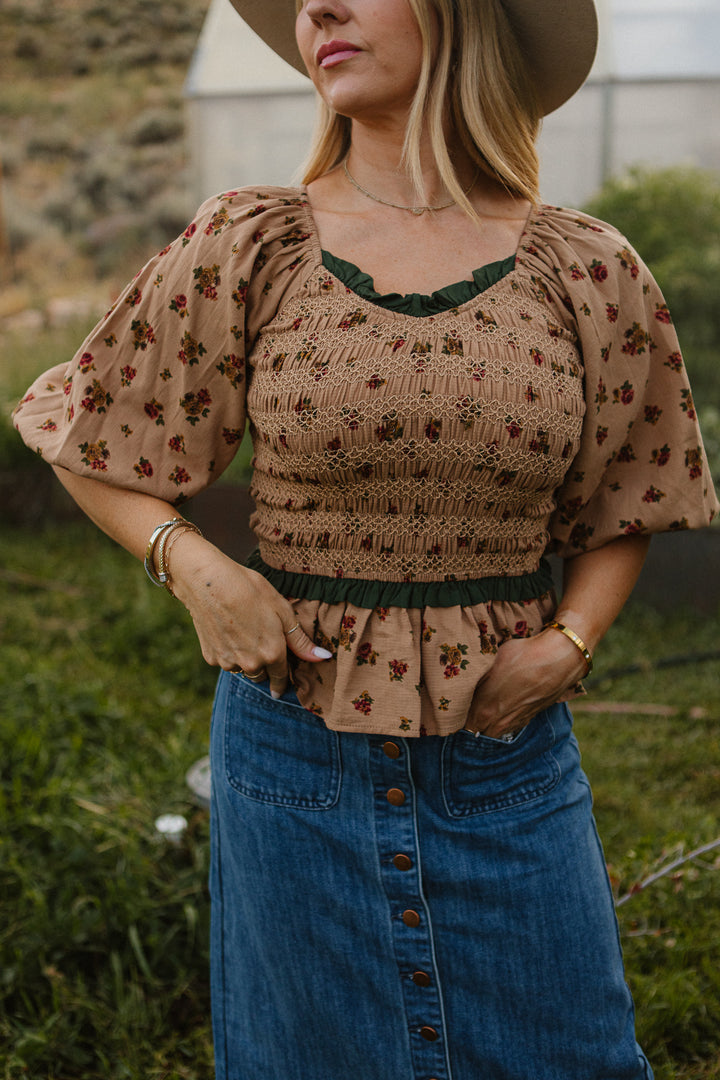 Roselyn Top in Tan Floral - FINAL SALE