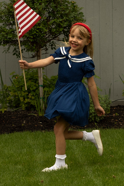 alice dress Mini in Navy 8Y Size:54-20 Custom Wide Beaded Strap NEW-AUG24 the materials chosen are