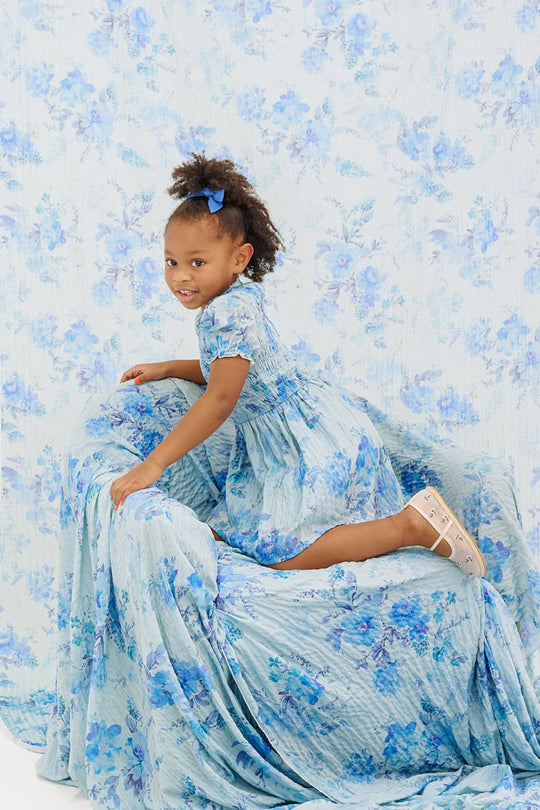 blue watercolor dress Mini Flynn in Aquarelle Fleur 3T Size:44 Extra Long (6.4