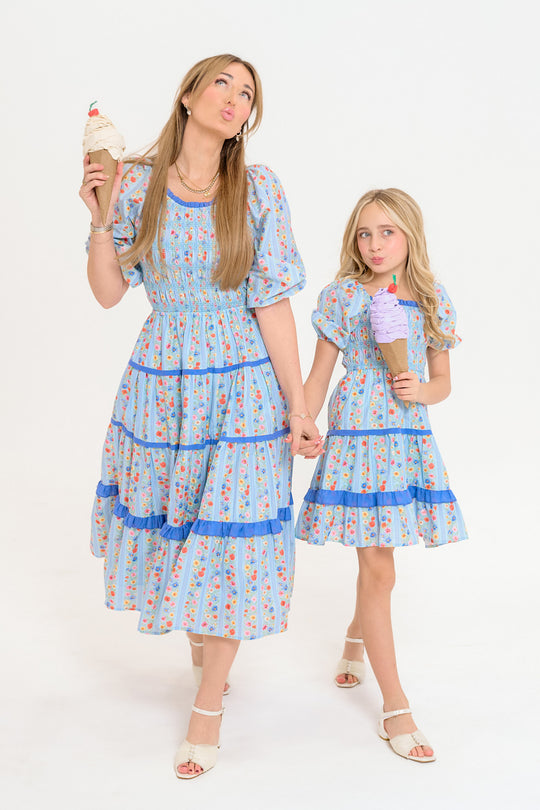 Roselyn Dress in Blue Linear Floral Print