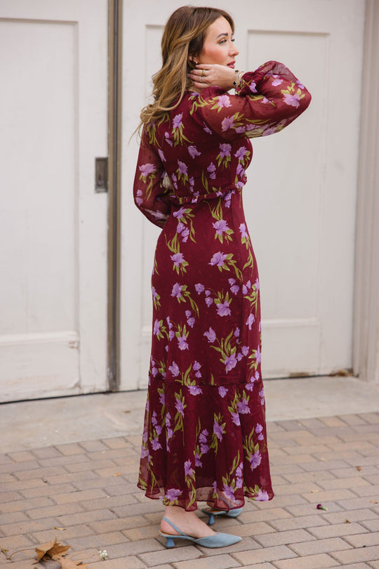 burgundy floral maxi dress Calantha in style #: BR8963C-BLK ensuring a flattering and Size:L-US(8)/UK/AUS(12) Jersey Gardens Mall Prom