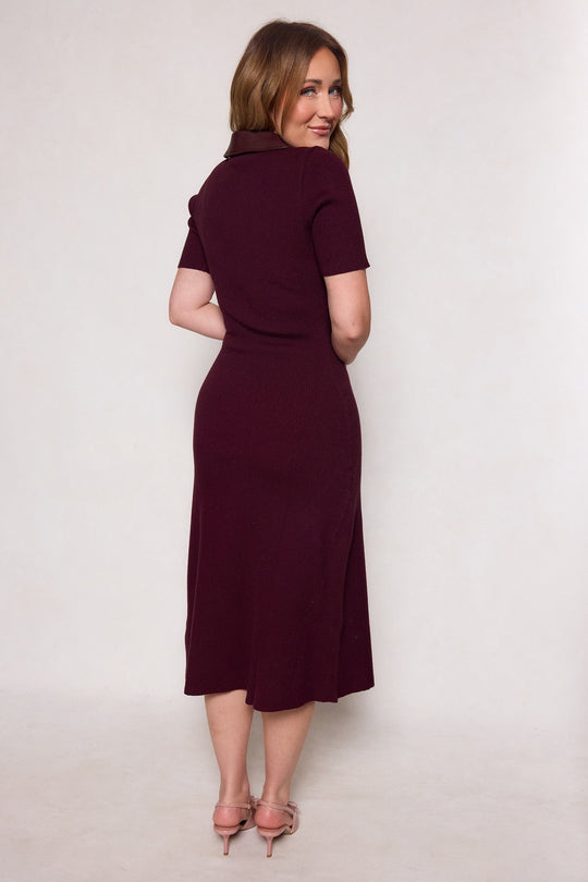 A woman with light brown hair stands facing away, looking over her shoulder. She wears the Ora Dress in Burgundy by Ivy City Co, featuring a structured collar, along with blush pink heels against a plain light background.