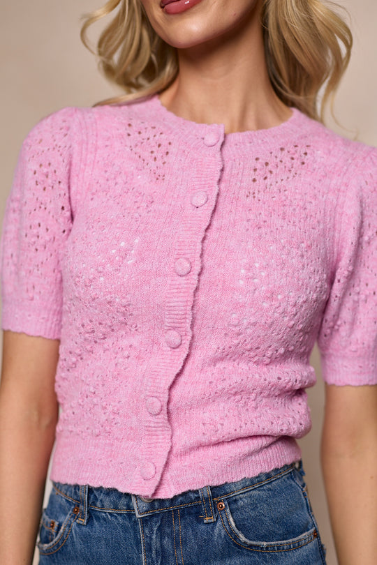 A woman models the Ivy City Co Michaela Cardigan in Pink—a light pink, short-sleeve knit with textured details and round buttons—styled with blue jeans. The image is cropped above her nose and below her waist.
