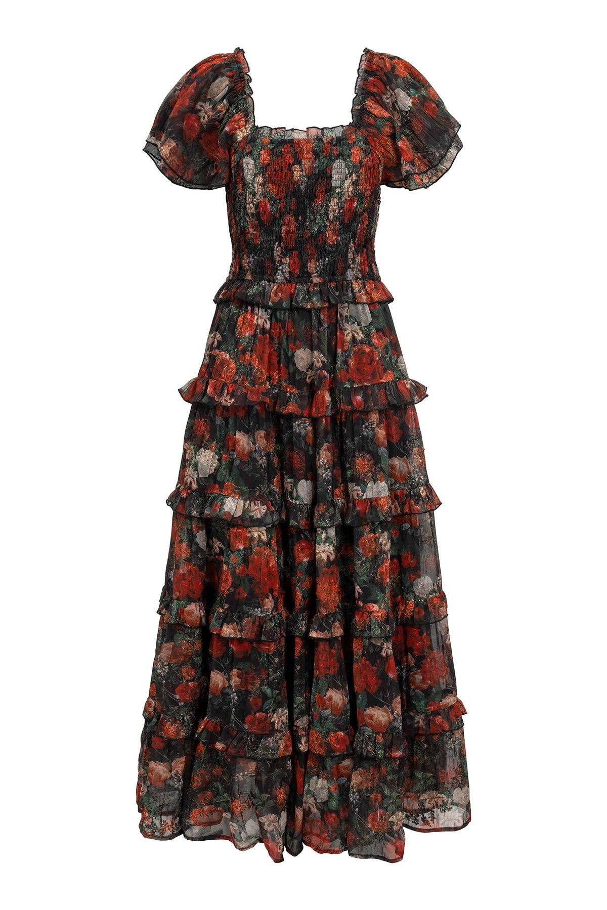 Floral patterned dress with puff sleeves on a white background