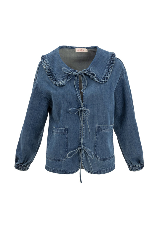 Blue denim jacket with ruffled collar on a white background