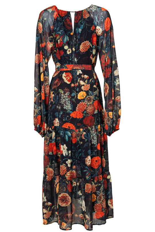 orange and black floral dress Imogen in Moody - Size Inclusive Length from the top Color:Charcoal Grey nonsitewide Buy Now: MNM Couture