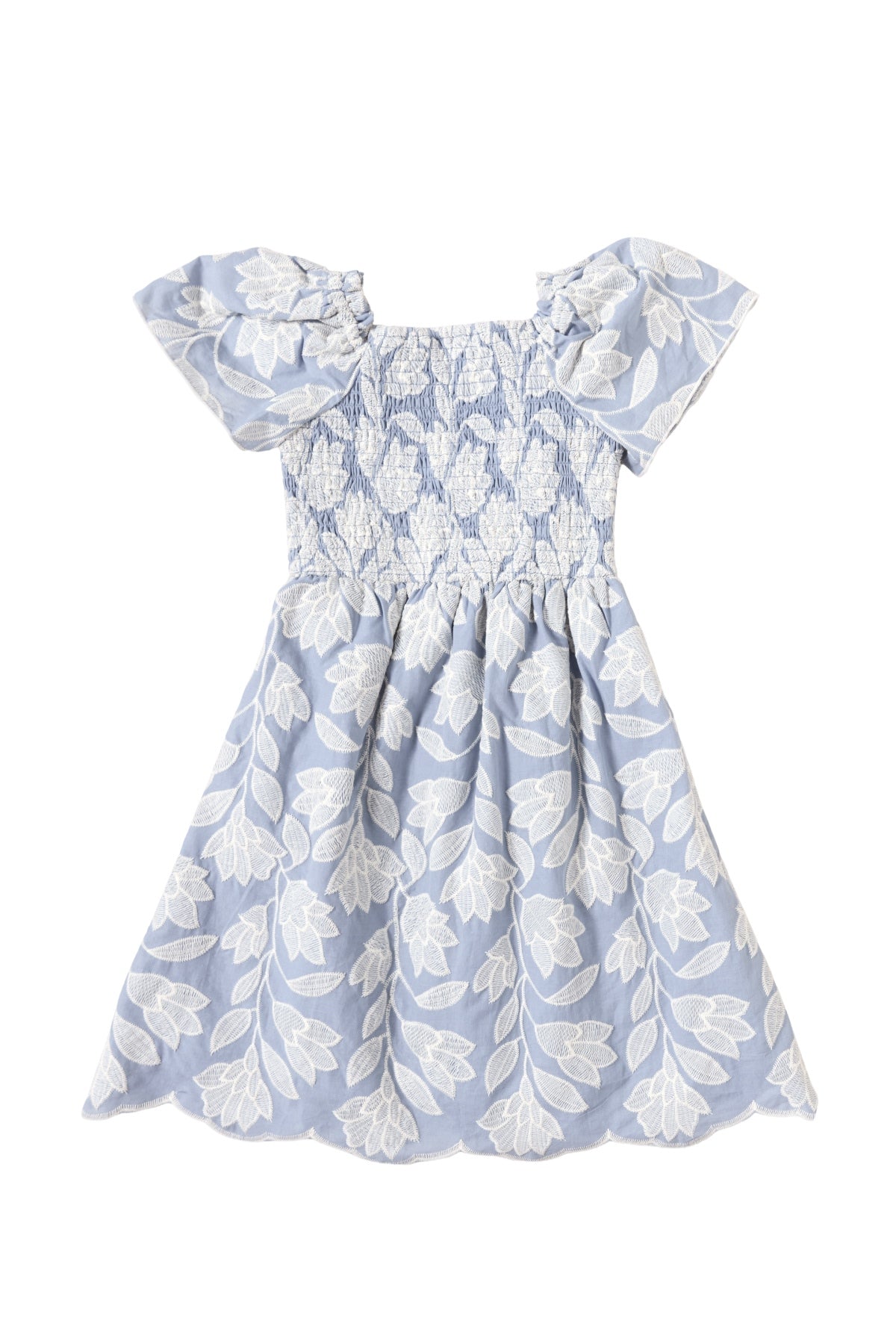 The Mini Ophelia Dress in Mosaic Embroidery by Ivy City Co is a light blue dress for children, featuring short ruffled sleeves and a smocked bodice. Adorned with an all-over white floral and leaf pattern reminiscent of mosaic embroidery, this dress offers a soft, delicate look—perfect for charming Mom and Me matching moments.