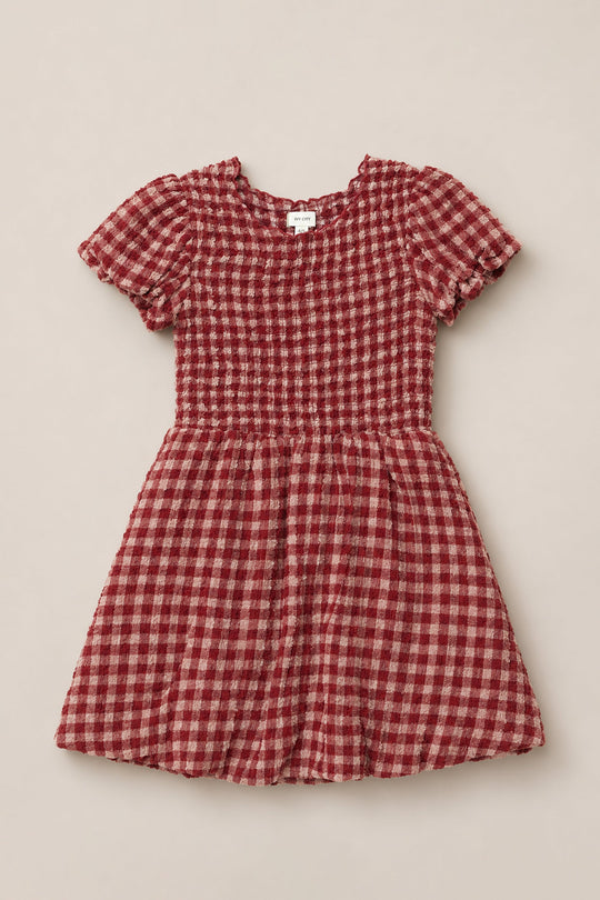 The Mini Tori Dress in Cranberry Popcorn Plaid by Ivy City Co is a short-sleeved, knee-length dress with a red and white checkered pattern, featuring a fitted smocked bodice, flared skirt, and subtle puff sleeves, displayed on a neutral background.