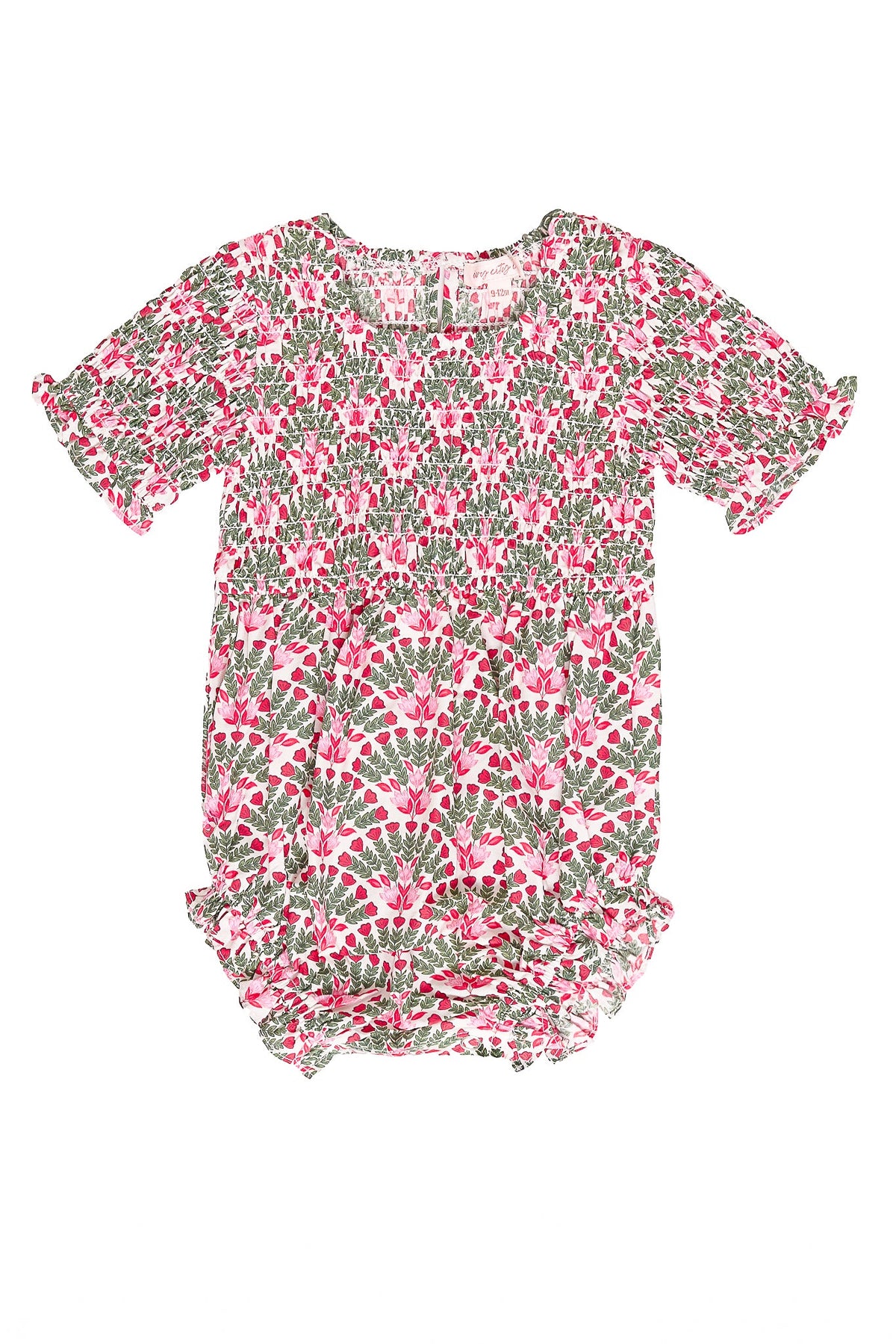 The Ivy City Co Baby Parker Romper in Floral Fan features short sleeves, a pink, green, and white floral pattern, a smocked bodice, gathered waistline, and ruffled leg openings—ideal for family photos—and is shown against a white background.