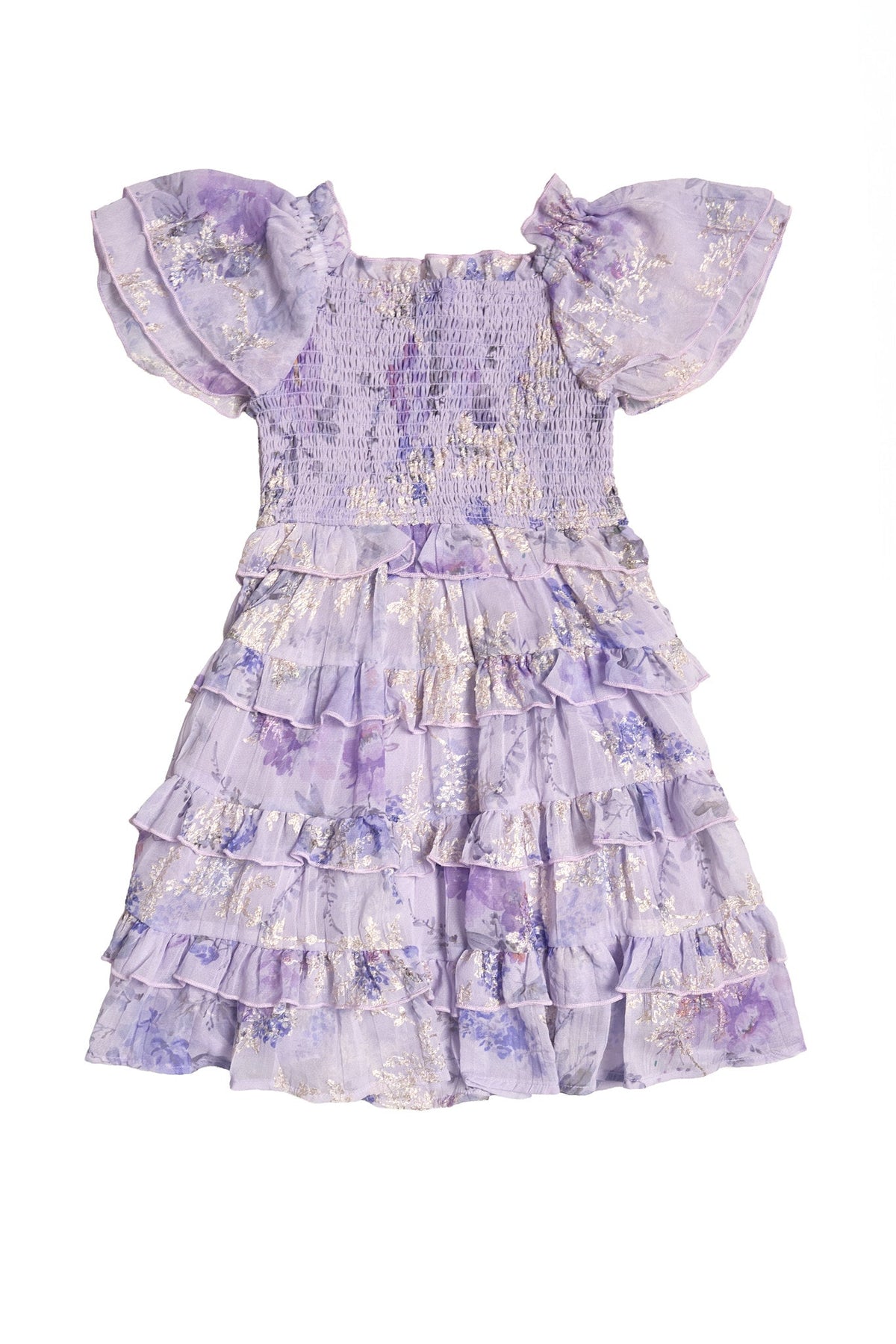 The Mini Winnie Dress in Lavender Aquarelle Fleur by Ivy City Co is a charming girls’ spring dress with short sleeves, ruffled tiered layers, and a smocked bodice. Adorned with a delicate floral pattern and subtle gold detailing, this elegant dress perfectly blends charm and sophistication.