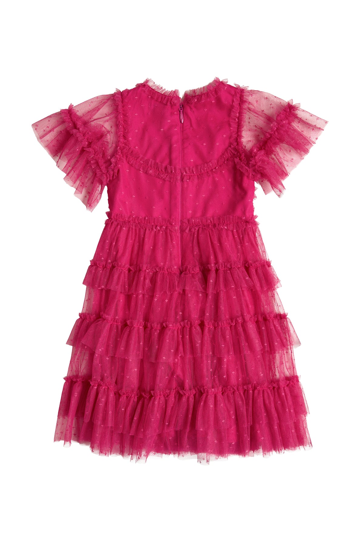 The Ivy City Co Mini Whimsical Dress in Fuchsia is a bright pink, short-sleeve dress with layered ruffles, a tiered tulle skirt featuring a subtle polka dot pattern, and a back zipper, displayed on a white background.