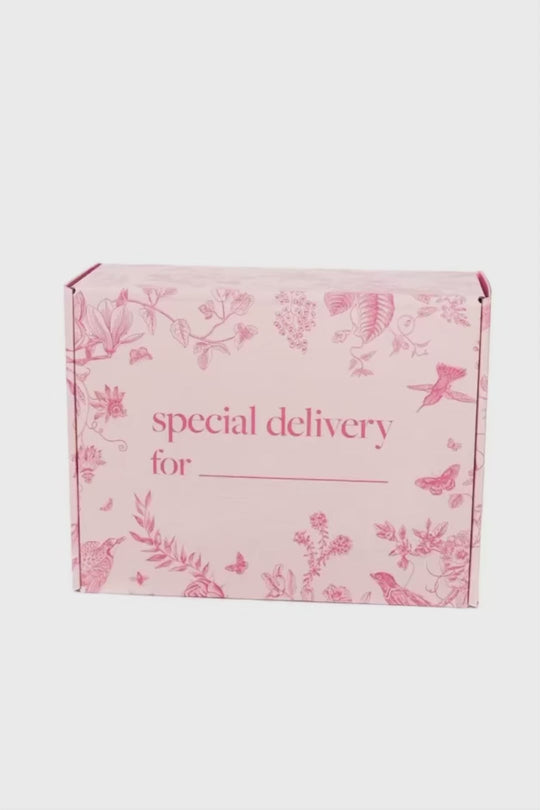 A pink Ivy City Co Gift Box decorated with floral and bird illustrations features the phrase “special delivery for ____” on the lid, allowing you to personalize it with a name—making it an ideal choice for custom packaging and meaningful surprises.