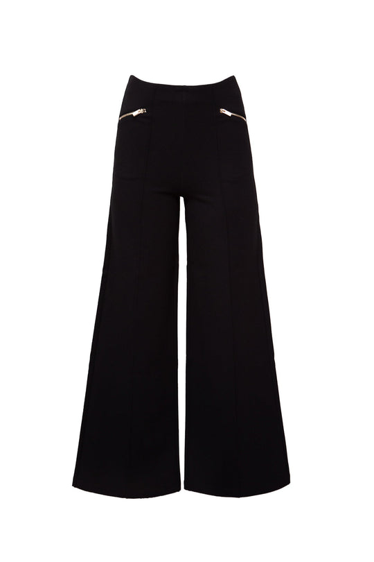 The Alyssa Pop Ponte Pants in Black by Ivy City Co feature a wide-leg silhouette with front seams and two diagonal zippered pockets near the waistband. Shown against a white background, these women’s pants are designed to provide effortless tummy control, making them the perfect day-to-night staple for any wardrobe.