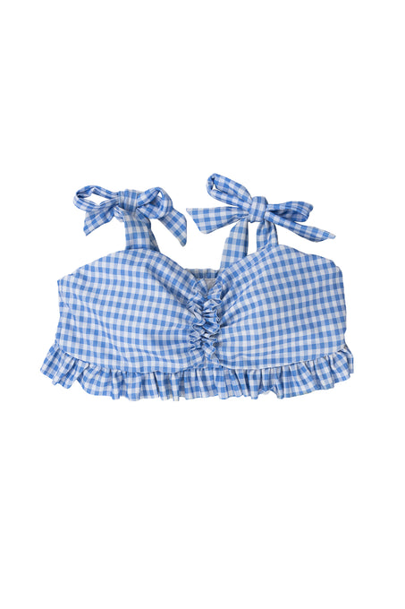The Mini Brandi Bandeau Top in Blakely Gingham by Ivy City Co features blue and white checks, adjustable tie straps, ruffled bust and hem, a gathered center, and delivers a playful summery vibe.