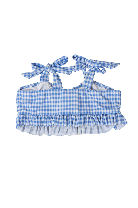 The Mini Brandi Bandeau Top in Blakely Gingham by Ivy City Co features blue and white gingham, a ruffled hem, and adjustable tie shoulder straps.