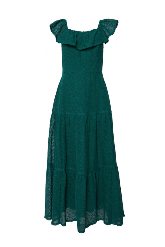 The Alaina Dress in Deep Sea Lace by Ivy City Co is a sleeveless, ankle-length dress in a rich teal-green shade, featuring a ruffled neckline and tiered skirt, crafted from lightweight, semi-sheer fabric.