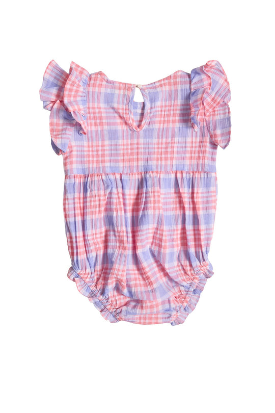 The Baby Ana Romper in Blossom Plaid by Ivy City Co features charming pink and purple plaid, ruffled short sleeves, a gathered waist, and elastic leg openings. Displayed on a white background, this adorable spring romper is perfect for your little one.