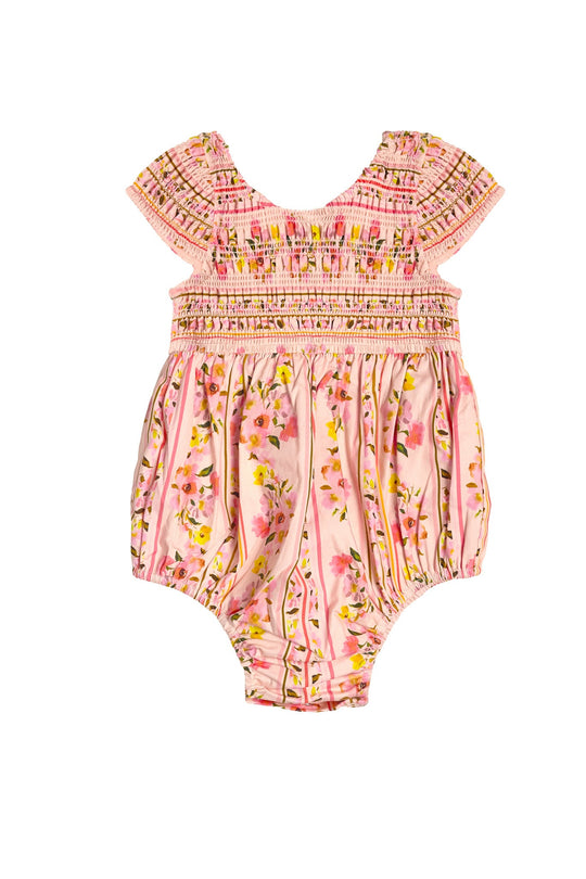 Dress your little one in the Ivy City Co Baby Marlow Romper in Peach Handpainted Flora Stripe. This pink smocked baby romper features short sleeves, a charming smocked top, and a sweet floral stripe pattern with yellow, pink, and orange flowers accented by green leaves. Its delicate design makes it a perfect infant spring outfit or peach floral romper for your baby.