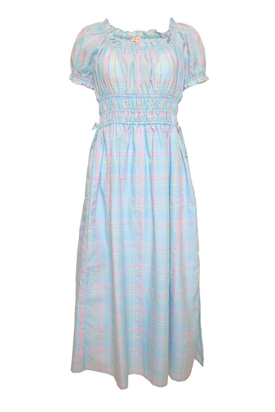 The Thalia Dress in Pastel Plaid by Ivy City Co is a charming spring dress featuring light blue, pink, and yellow pastel plaid, short sleeves, a gathered elastic waist, and a ruffled neckline. Maternity friendly and displayed on a white background.