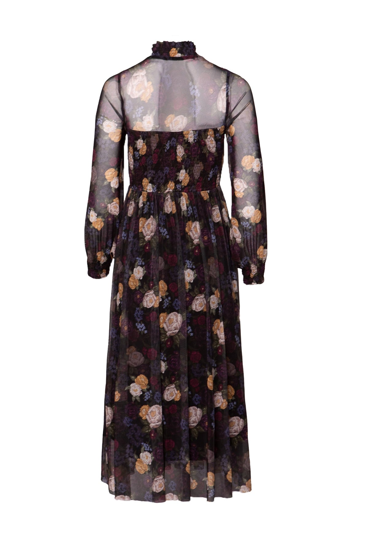 The Marla Dress in Winter Floral by Ivy City Co is a sheer black long-sleeve dress with a high neckline and winter floral print, featuring a fitted bodice and flowing, maternity-friendly skirt, shown from the back.