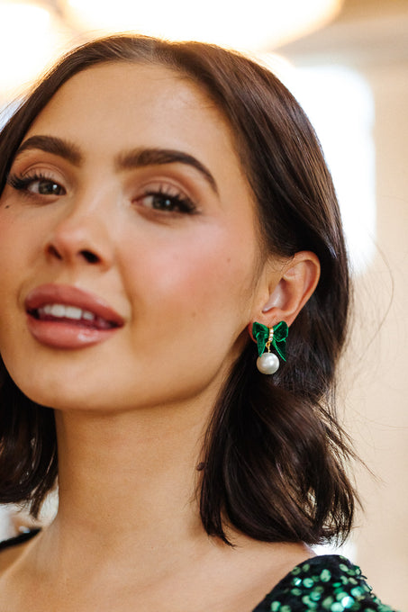 Velvet Bow Earrings in Green