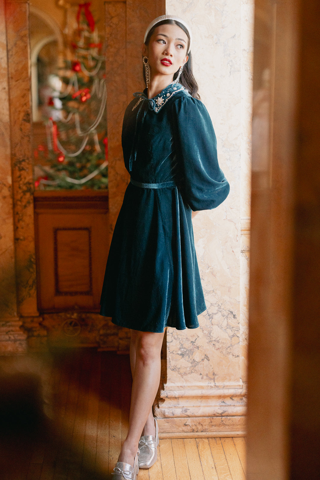 Elise Dress in Teal Velvet