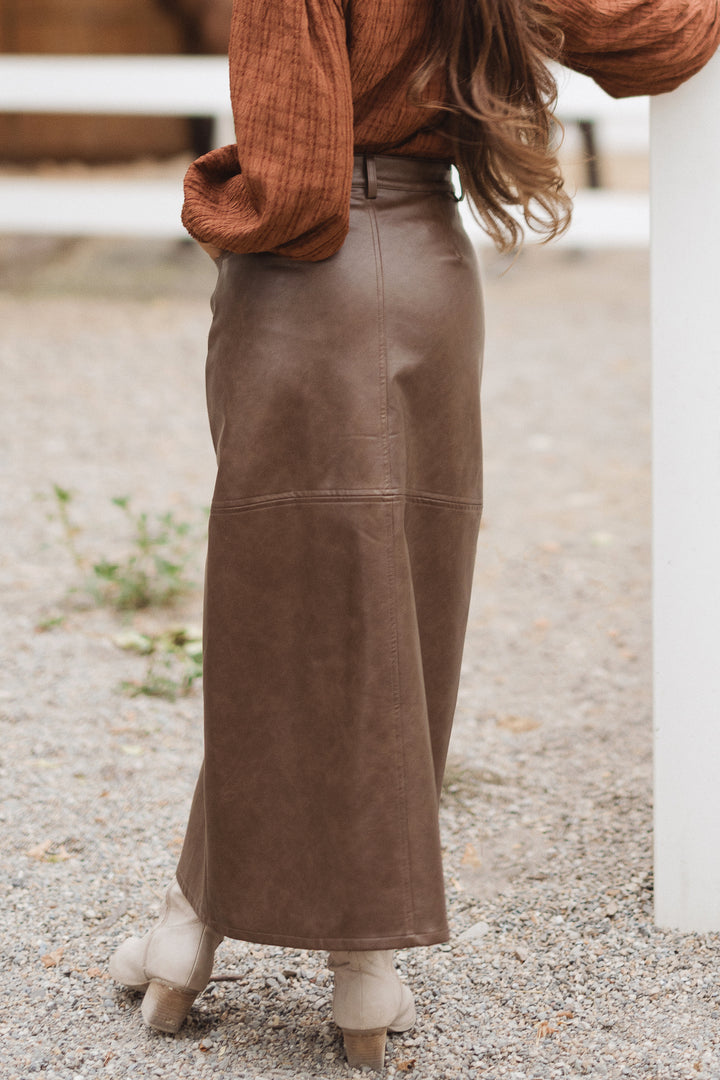 Shannon Vegan Leather Skirt in Brown