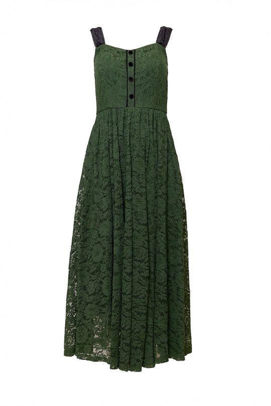 The Penny Tank Midi Dress in Green Lace by Ivy City Co features a sleeveless design with black shoulder straps, black front buttons, and a fitted bodice that flows into a flared skirt. Subtle velvet accents add an extra touch of sophistication to this elegant green lace dress.