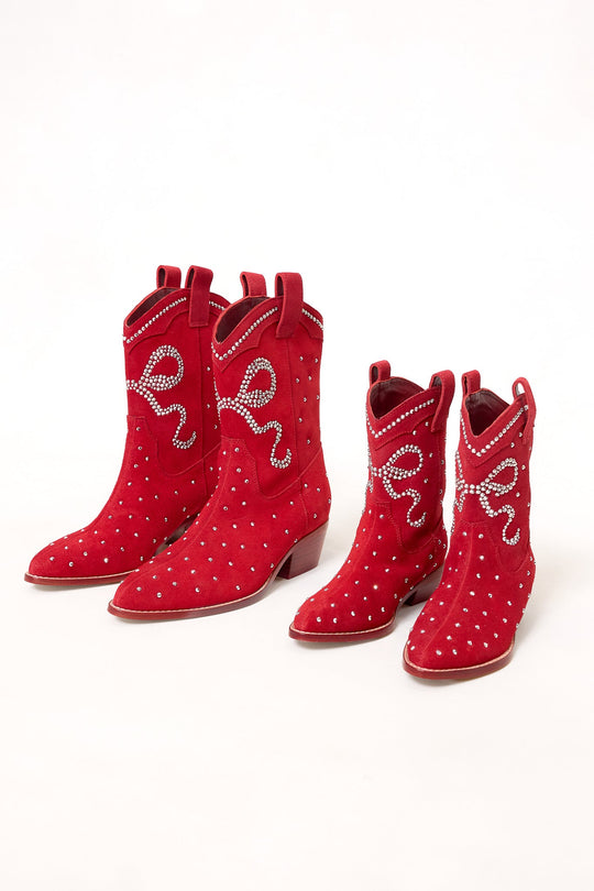 Two pairs of Ivy City Co’s Mini Channing Bootie in Red, featuring silver studs and decorative rhinestone designs, are displayed on a white background—perfect for matching mommy-and-me boot moments.