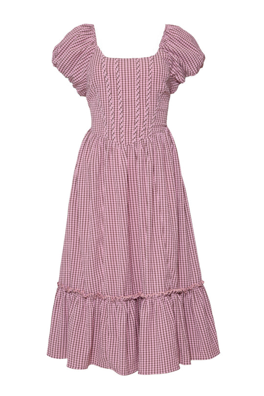 The Monica Dress in Pink & Brown Gingham by Ivy City Co features puff sleeves, a square neckline, a fitted bodice, and a ruffled hem with a mid-length skirt—making this charming midi dress the perfect choice for sunny days and special occasions alike.