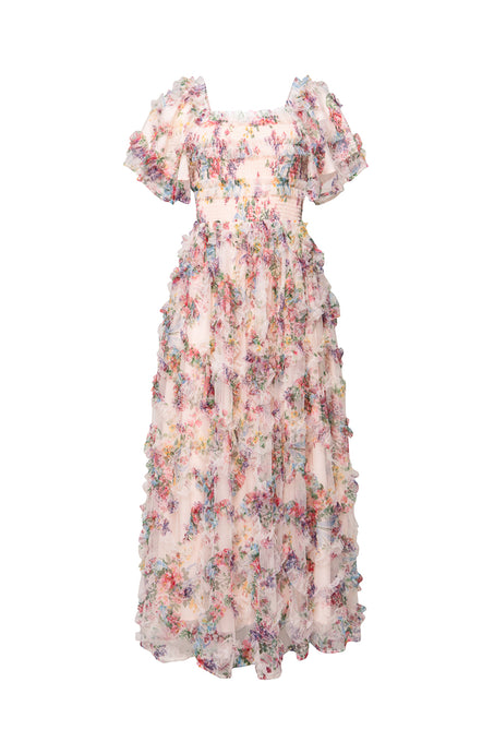 The Ivy City Co Florentina Dress in Pink Floral is a romantic, vintage-inspired maternity maxi with puffed short sleeves, ruffled accents, square neckline, flowy silhouette, and pockets—blending comfort and style beautifully.