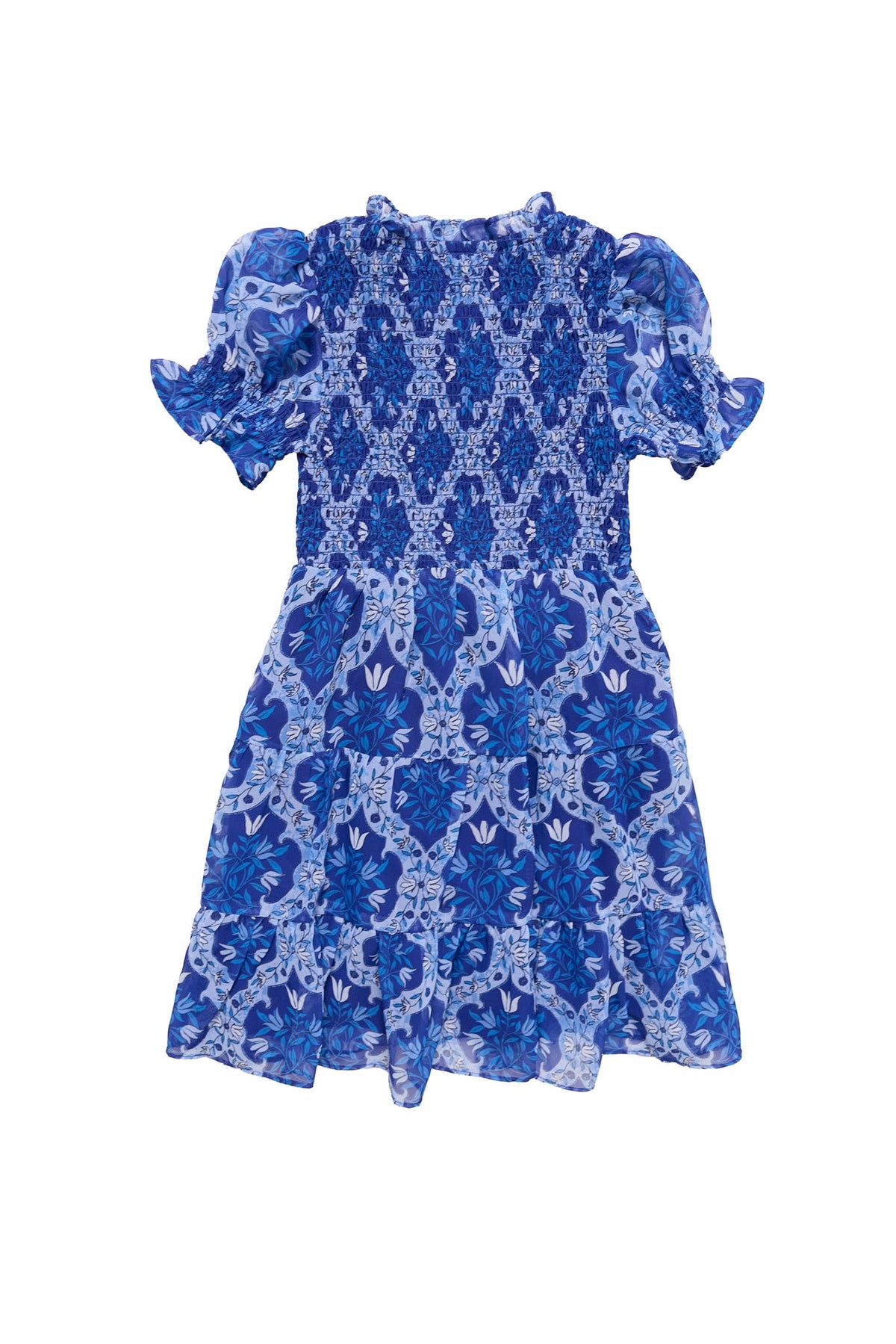 A short-sleeve, knee-length girls’ chiffon dress in blue with floral and geometric patterns, puffed sleeves, and ruffled cuffs—laid flat on a white background—the Mini Cordelia Dress in Trellis Foulard by Ivy City Co is perfect for those seeking matching family outfits.