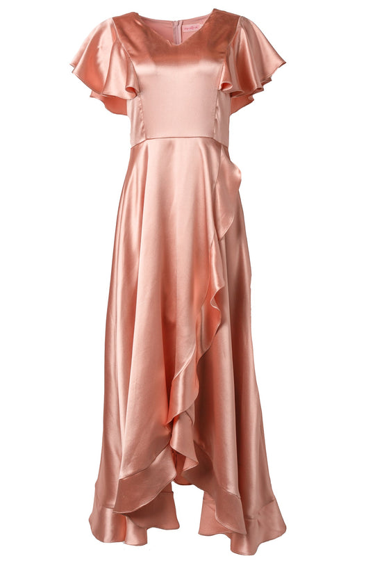 The Callie Dress in Apricot Crush Satin by Ivy City Co features short flutter sleeves and a flowing, ruffled skirt. With its fitted waist and high-low hem, this elegant design is perfect as a chic bridesmaid dress or for any special occasion.