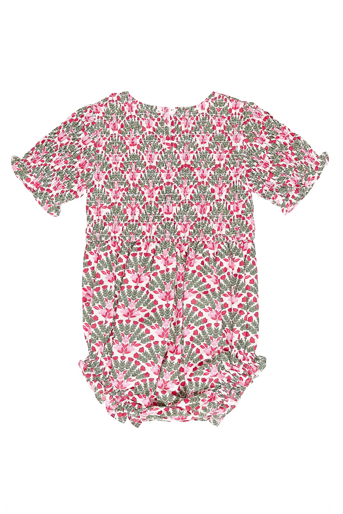 The Ivy City Co Baby Parker Romper in Floral Fan features short sleeves with ruffled edges, a charming floral pattern in pink, red, and green, and gathered elastic at the waist and leg openings. The textured, smocked bodice across the top adds an extra sweet touch—making it perfect for family photos or everyday moments.