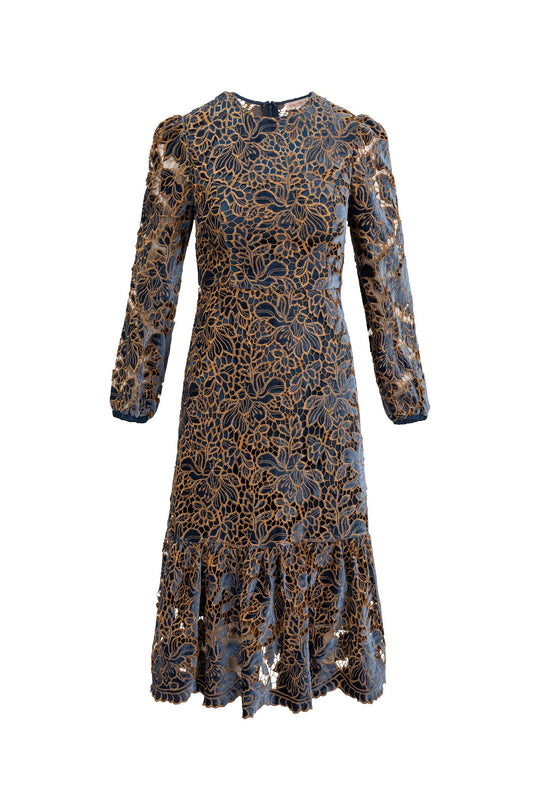 Exude timeless elegance in the Janelle Dress in Golden Veil by Ivy City Co—a long-sleeve black midi dress adorned with a sheer lace overlay featuring a brown floral pattern, a fitted waist, and a ruffled hem at the knee.